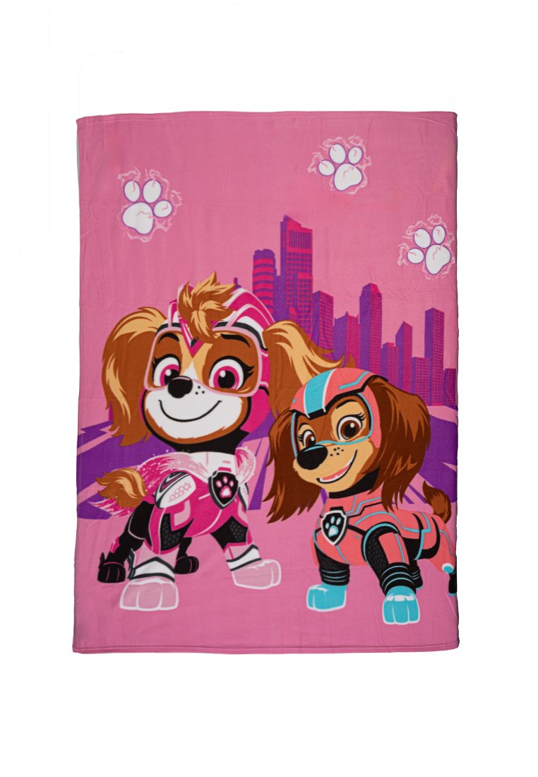 Rosa Decke mit zwei Cartoon-Hunden in Superheldenkostümen, einer Stadtsilhouette, Pfotenabdrücken und lebendigen Farben.
