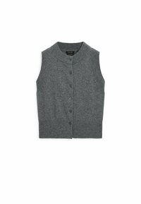 Gray, sleeveless cardigan with a round neckline, front button closure, and ribbed trim. Made of soft, textured fabric.
