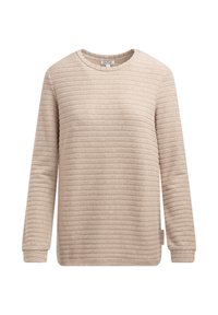 Beiger Langarm-Sweatshirt mit strukturierten horizontalen Streifen, Rundhalsausschnitt und gerippten Bündchen. Hergestellt aus weichem, komfortablem Material.