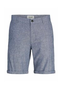 Shorts pour hommes en mélange de lin bleu clair avec ourlets repliés, bouton et fermeture éclair à l'avant, et passants pour ceinture.