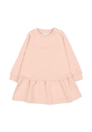 Roze sweatdress met lange mouwen, geribbelde halslijn, knoopaccenten op de schouder en een geplooide rok.