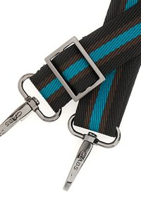 Suspenditori a righe marroni e neri con accenti turchesi. Presentano ganci in metallo e una fibbia regolabile per garantire una vestibilità perfetta. Design in tessuto testurizzato.
