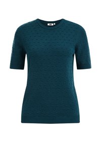 Pull en maille à manches courtes couleur sarcelle avec motif en relief à pois. Encolure ronde côtelée et ourlet, silhouette ajustée, tissu doux.