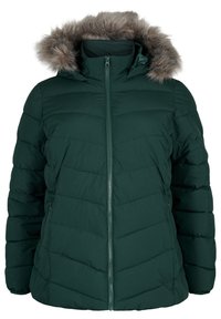 Giacca puffer verde scuro con zip frontale, design trapuntato orizzontale e cappuccio foderato in pelliccia. Presenta tasche laterali e silhouette aderente.
