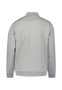 Lichtgrijze longsleeve sweatshirt met een geribbelde kraag, manchetten en zoom, van achteren getoond op een effen witte achtergrond.