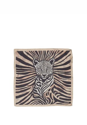 Foulard quadrato con un volto e corpo di leopardo stilizzati, con strisce zebrate nere, beige e marroni che si irradiano verso l'esterno.