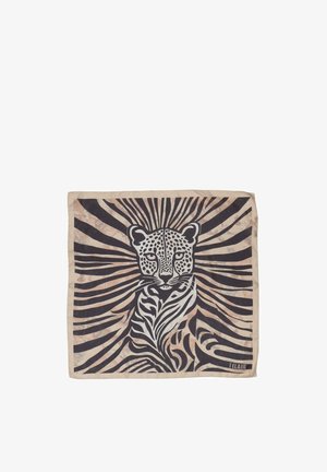 Foulard quadrato con un volto e corpo di leopardo stilizzati, con strisce zebrate nere, beige e marroni che si irradiano verso l'esterno.