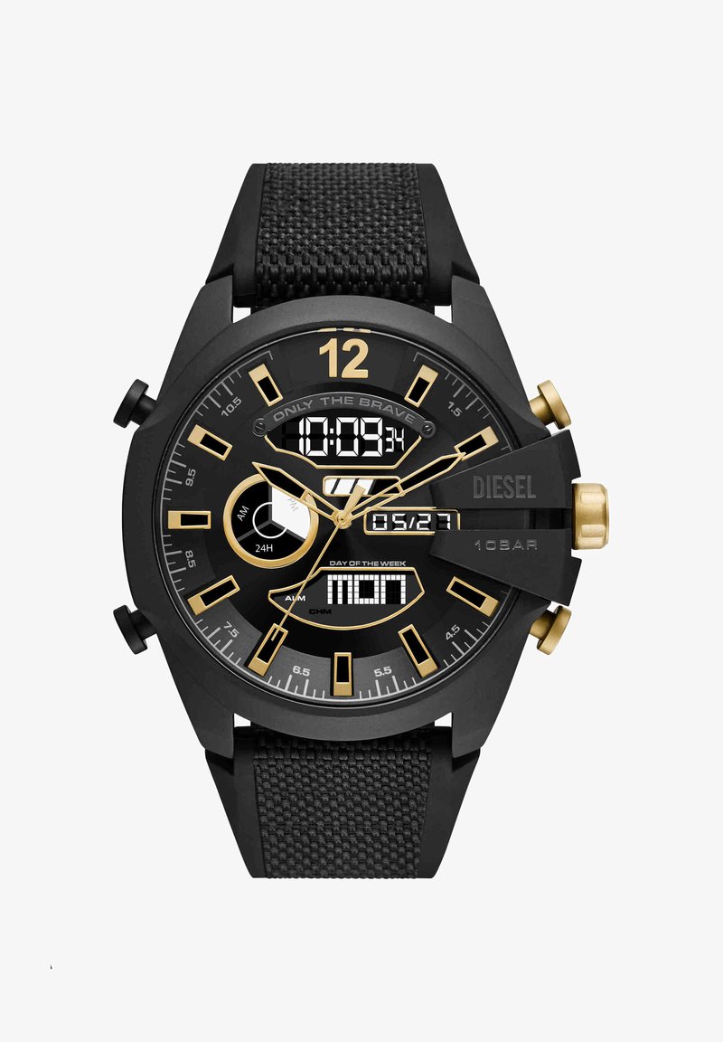 Montre Diesel noire et dorée avec affichages analogique et numérique, bracelet en tissu, et indicateurs jour, date et heure 24 heures.