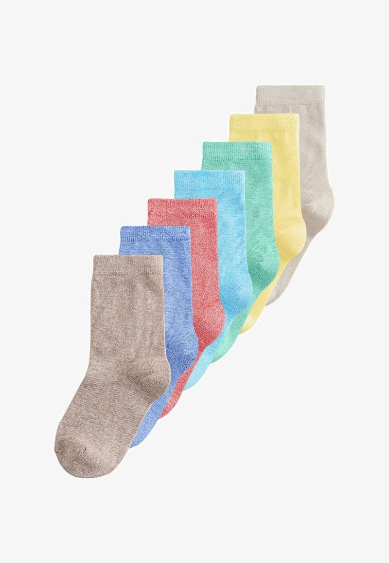 Septynios vaikiškų kojinių poros smėlio, mėlynos, raudonos, šviesiai mėlynos, žalios, geltonos ir šviesiai pilkos spalvų, sudėtos vėduoklės pavidalu.