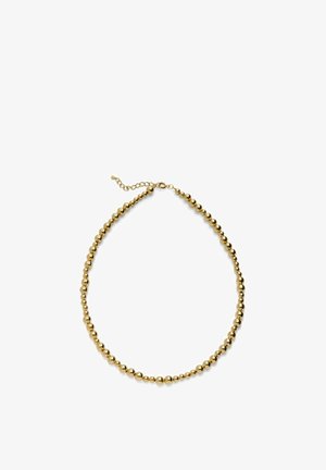 Collana di perline dorate con perle tonde sfumate e chiusura a catena regolabile, mostrata distesa su uno sfondo bianco.