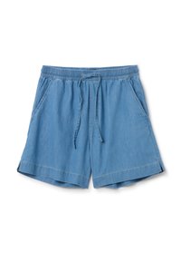 Pantaloni corti in denim azzurro chiaro con vita elastica, dettaglio con cordoncino, due tasche laterali e vestibilità comoda, caratterizzati da finiture con orlo cucito.