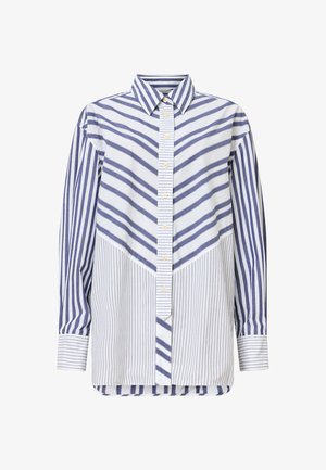 Overhemd met knoopsluiting, voorzien van een mix van marineblauwe en witte strepen met uiteenlopende breedtes en hoeken. Lange mouwen en een puntige kraag.
