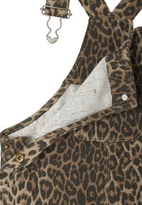 Leopard print overalls featuring brown and black patterns, sturdy fabric, adjustable straps, and metal clips. Includes a button detail.