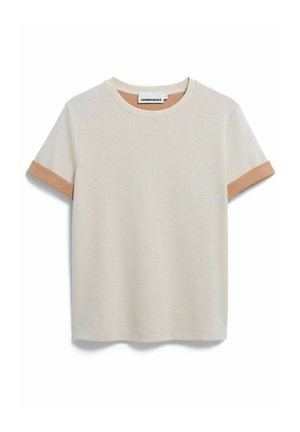 Cremefarbenes Baumwoll-T-Shirt mit kurzen Ärmeln und hellbraunen Bündchen, einem runden Halsausschnitt und einem geraden unteren Saum. Etikett am Hals.