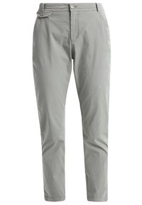 Jasnoszare chinos wykonane z gładkiego materiału, o klasycznym kroju, z przednimi kieszeniami i dyskretnym zapięciem na guzik w pasie.