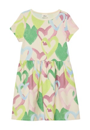 Korte mouwen crèmejurk met geplooide taille, met groot overlappend patroon van pastelgekleurde harten in groen, roze, blauw en geel.