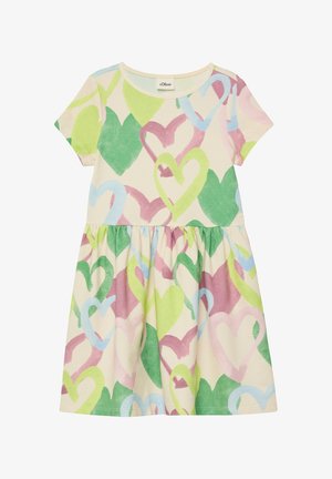 Krátke rukávy krémové šaty so zaťahovaným pásom, zdobené veľkými prekrývajúcimi sa pastelovými srdiečkami v zelenej, ružovej, modrej a žltej farbe.