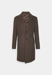 Cappotto in lana marrone con revers a punta, due bottoni neri e tasche laterali. Fodera interna in satin liscia, vestibilità sartoriale e design midi.