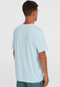 Lyseblå bomulds T-shirt med korte ærmer og rund hals. Ryggen er ensfarvet, og tøjet har en afslappet pasform og blød tekstur.