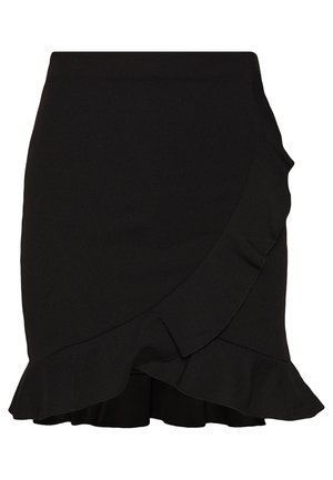 Mini-jupe noire avec un détail de volants asymétrique le long de l'ourlet et une taille haute.