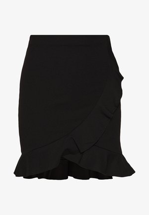 Mini-jupe noire avec un détail de volants asymétrique le long de l'ourlet et une taille haute.