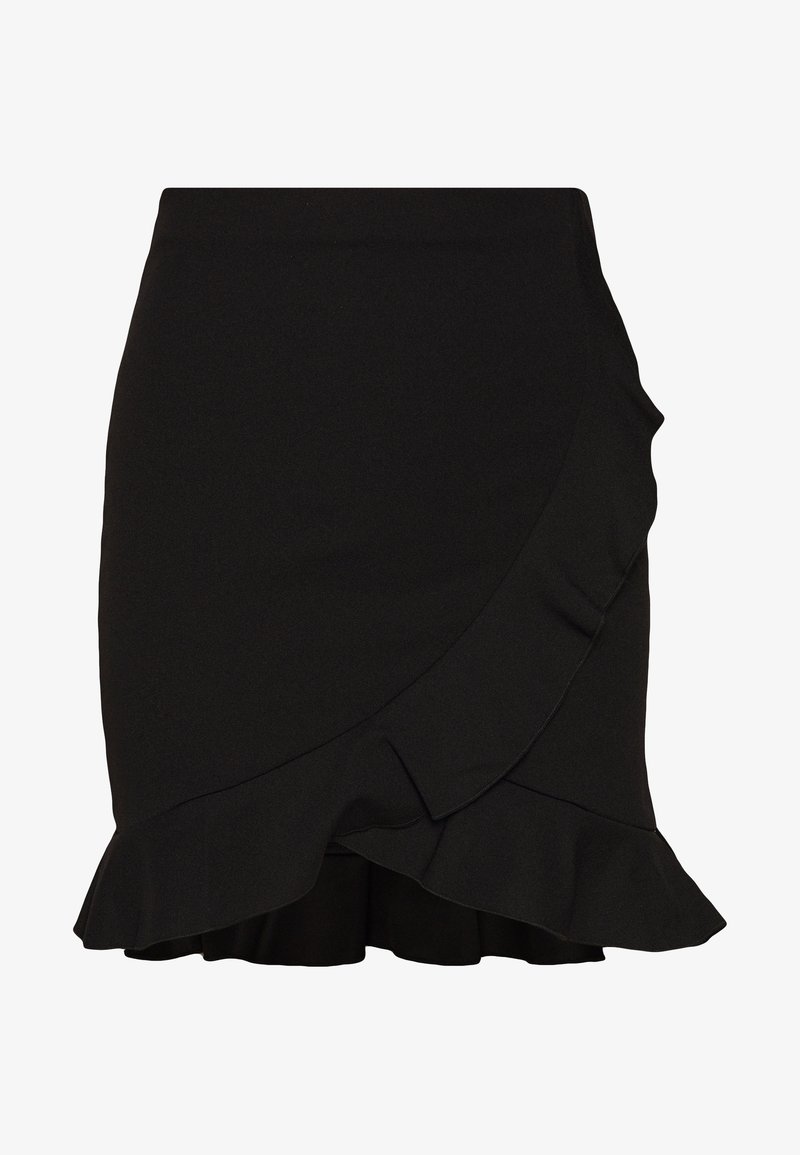 Mini-jupe noire avec un détail de volants asymétrique le long de l'ourlet et une taille haute.