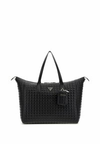 Sac tote noir en matériau matelassé avec deux poignées, fermeture éclair et un petit porte-clés détachable avec le logo de la marque.