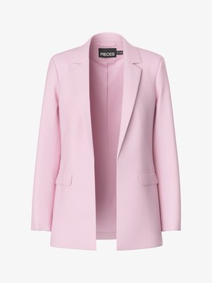 Veste blazer rose pâle en tissu lisse, dotée d'une fermeture à un bouton, de revers à encoches et de deux poches avant. Structurée avec une coupe ajustée.