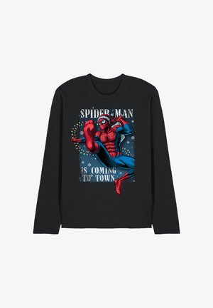 Schwarzes Langarmshirt mit Spider-Man in einer festlichen Pose, der einen Weihnachtsmann-Hut trägt, umgeben von Schneeflocken und Weihnachtslichtern, mit dem Text "Spider-Man kommt in die Stadt."