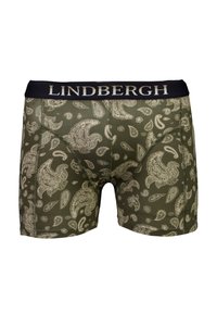 Olive green boxer briefs with beige paisley patterns and a black waistband featuring "LINDBERGH" in beige letters.