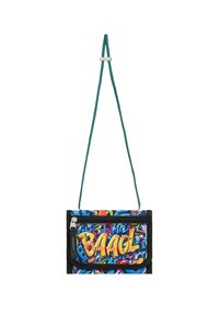 Borsa a spalla in tessuto nera e blu con stampa graffiti, caratterizzata dal testo giallo "BAAGL", una tasca frontale con zip e una tracolla turchese.