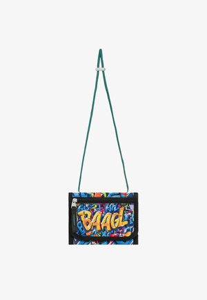 Zwarte en blauwe stoffen schoudertas met een graffiti-print, voorzien van gele "BAAGL"-tekst, een ritsvak aan de voorkant en een teal schouderband.