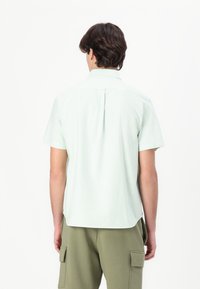 Camicetta verde chiaro a maniche corte con sottili righe verticali. Presenta un colletto con bottoni e una piega sul retro per facilitare il movimento.