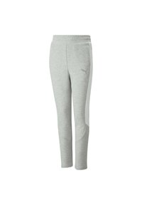 Light gray athletic pants with side stripes, elastic waistband, and subtly printed Puma logo on the upper thigh.