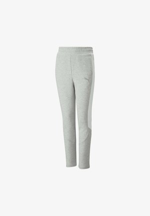 Pantaloni sportivi grigi chiari con strisce laterali, vita elasticizzata e logo Puma stampato in modo discreto sulla coscia superiore.