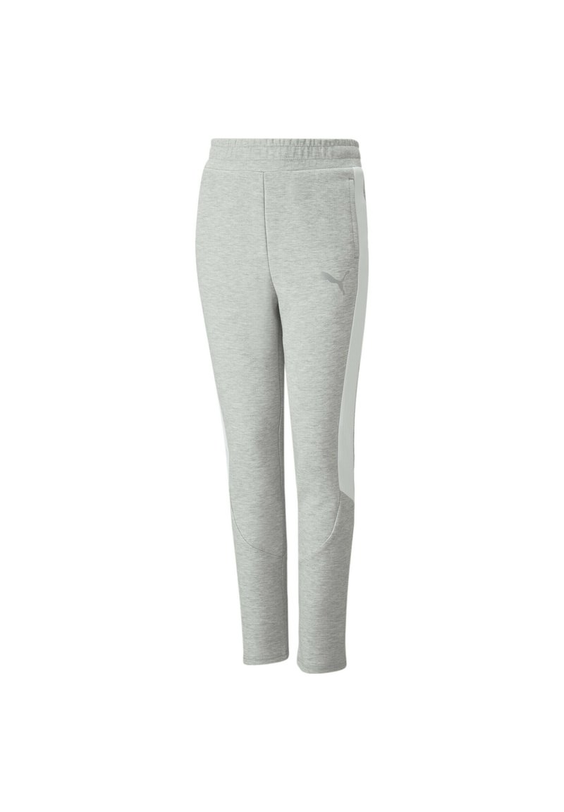 Light gray athletic pants with side stripes, elastic waistband, and subtly printed Puma logo on the upper thigh.