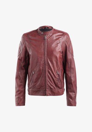 Rote Lederjacke mit Stehkragen, Reißverschluss und zwei Seitentaschen. Verfügt über dezente Nähte und eine glatte Textur.