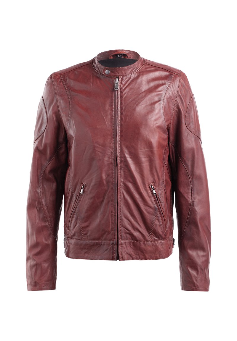 Rote Lederjacke mit Stehkragen, Reißverschluss und zwei Seitentaschen. Verfügt über dezente Nähte und eine glatte Textur.