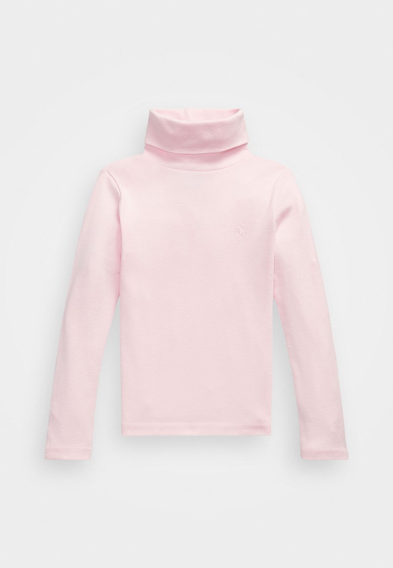 Top rosa claro de manga longa com gola alta, com uma textura suave, apresentando um design simples e um pequeno detalhe do logo no peito.