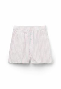 Boxers en coton avec une taille élastique, arborant des rayures verticales rose et bleu et deux boutons à l'avant. Tissu léger et respirant.