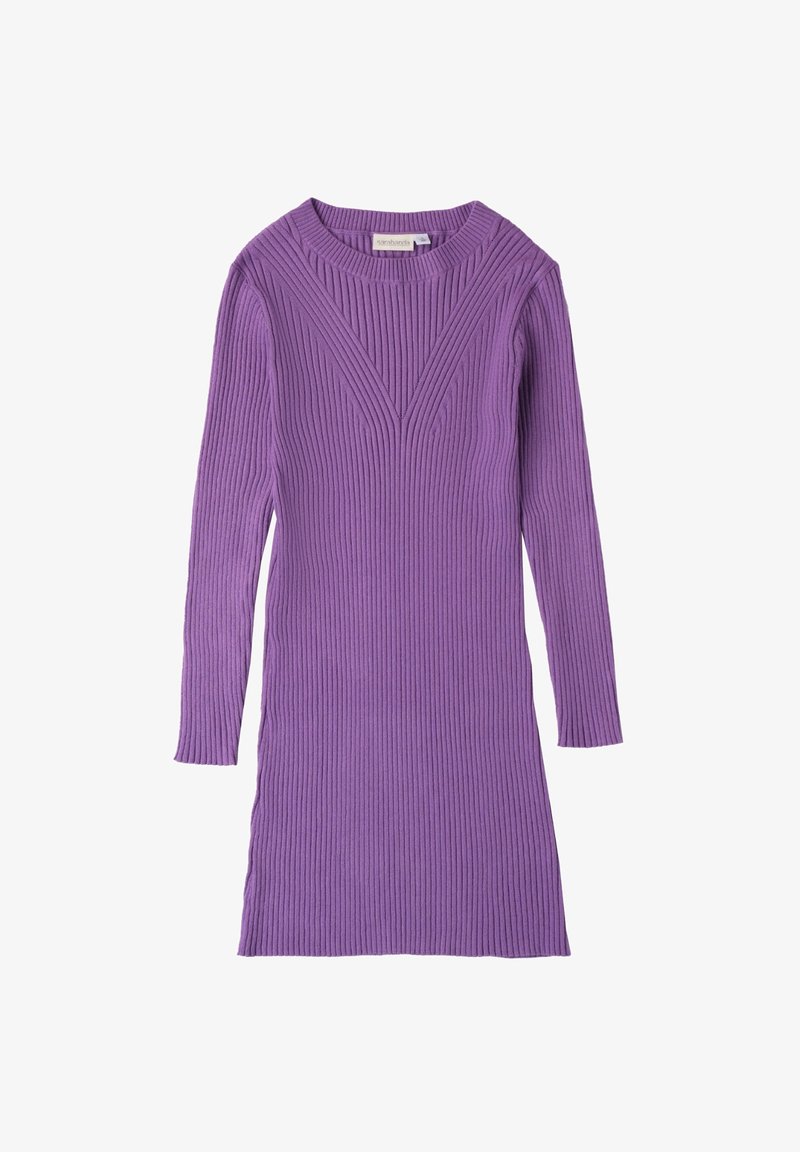 Langärmliges, geripptes Kleid in leuchtendem Lila, mit rundem Halsausschnitt und einer schlanken Silhouette sowie kantigen Details am Oberteil.