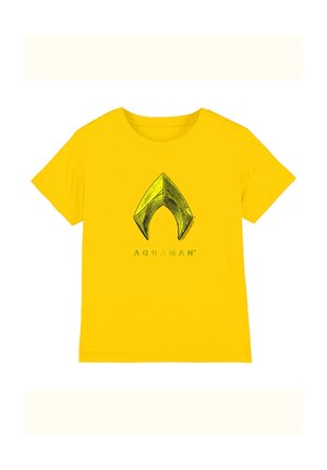 Yellow short-sleeve t-shirt featuring a black Aquaman symbol and the word "AQUAMAN" below the logo on the front.