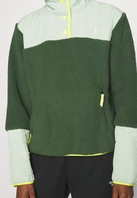 Polarowy sweter w ciemnozielonym kolorze z jasnoniebieskimi akcentami. Posiada wysoki kołnierz, napy, kieszeń na zamek oraz pikowane detale na ramionach.