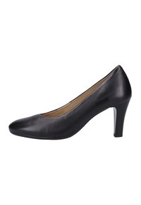 Black leather high-heeled pump with a pointed toe, sleek design, and a moderate heel. Smooth texture with minimal embellishments.