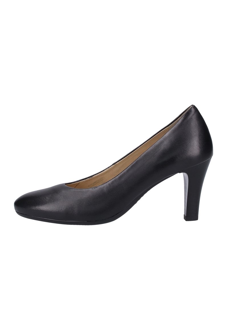 Black leather high-heeled pump with a pointed toe, sleek design, and a moderate heel. Smooth texture with minimal embellishments.