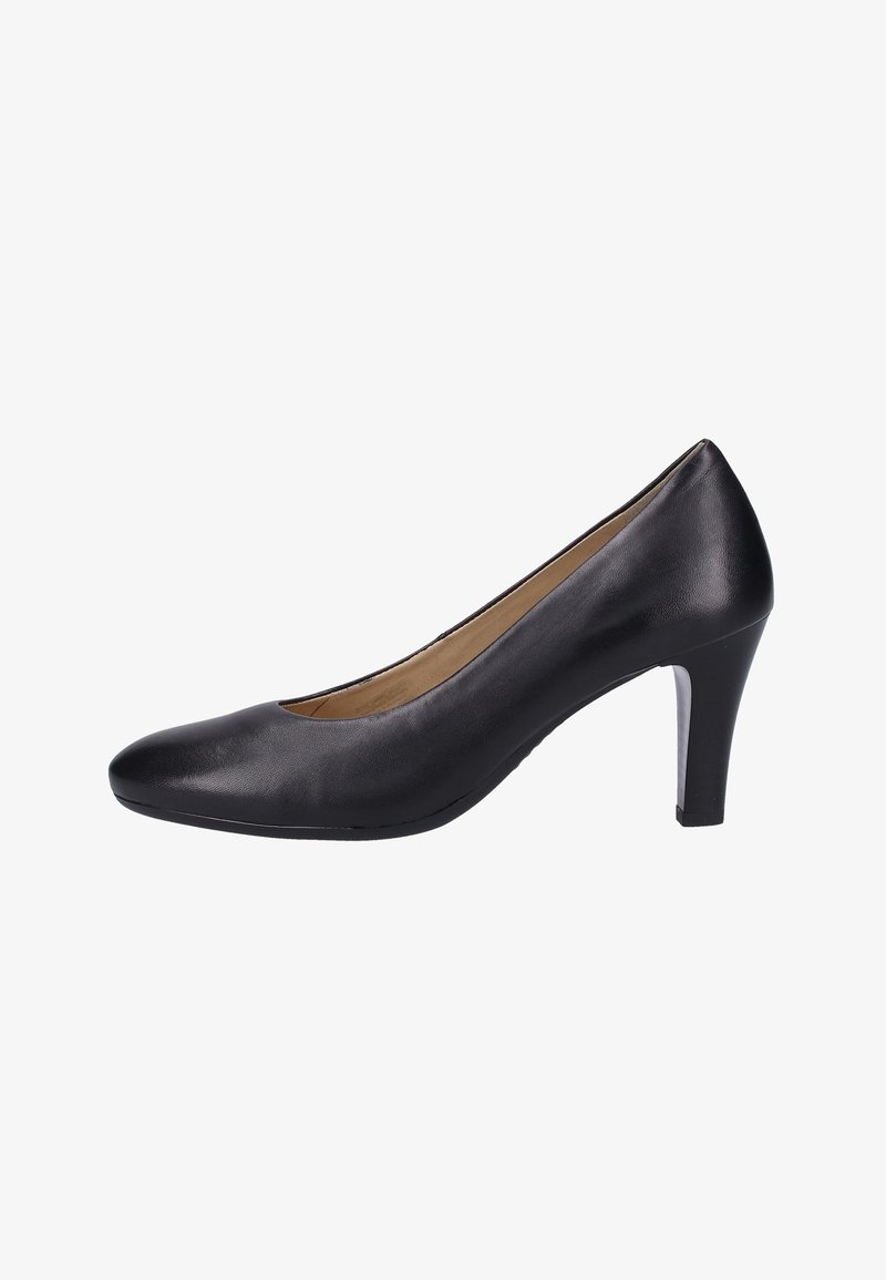 Black leather high-heeled pump with a pointed toe, sleek design, and a moderate heel. Smooth texture with minimal embellishments.