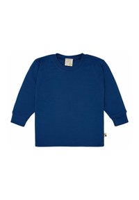 Langarmshirt in Dunkelblau, aus weichem Stoff gefertigt. Verfügt über einen runden Halsausschnitt, gerippte Bündchen und ein kleines Etikett in der unteren Ecke.