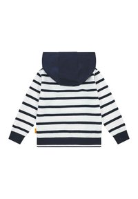 Felpa con cappuccio a righe orizzontali blu navy e bianche. Tessuto morbido con polsini e vita a coste. Presenta un piccolo tag con logo sul lato.