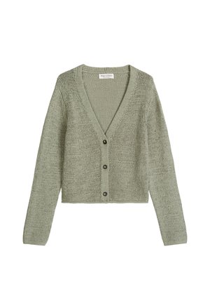 Lichtgroen gebreid vest met lange mouwen, V-hals en drie donkere knopen aan de voorkant.