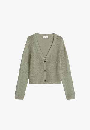 Lichtgroen gebreid vest met lange mouwen, V-hals en drie donkere knopen aan de voorkant.